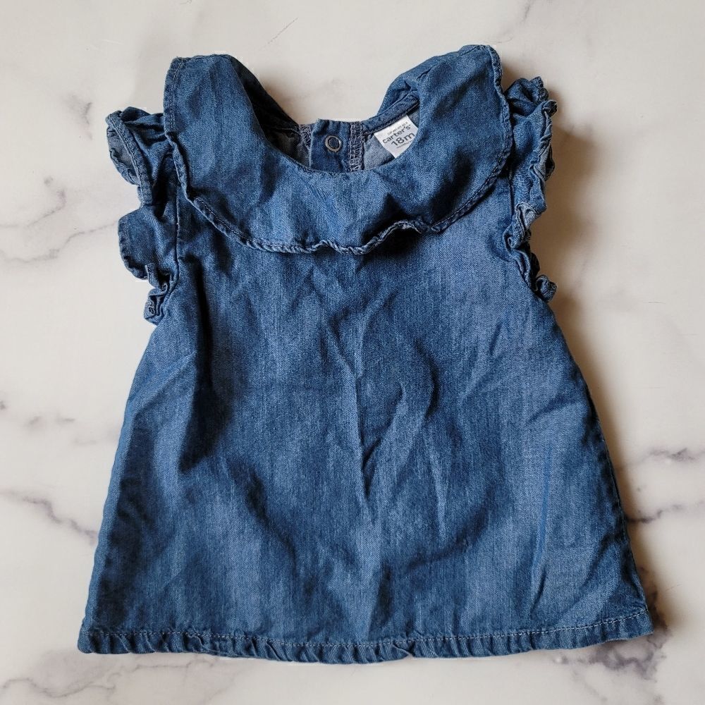 Carters 18 month cotton blue chambray denim top collared ruffle short sleeve